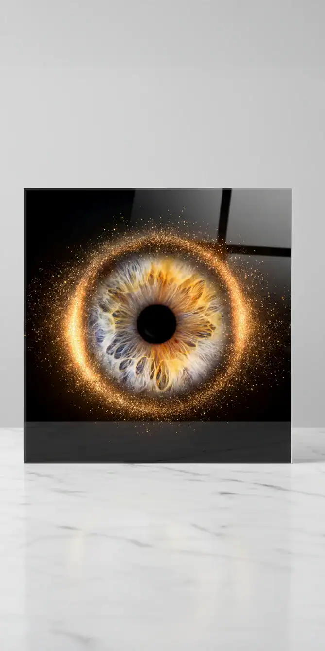 Portrait d'iris artistique Lumina, macrophotographie de l'œil sur support acrylique premium par Studio Timeless à Limoges.