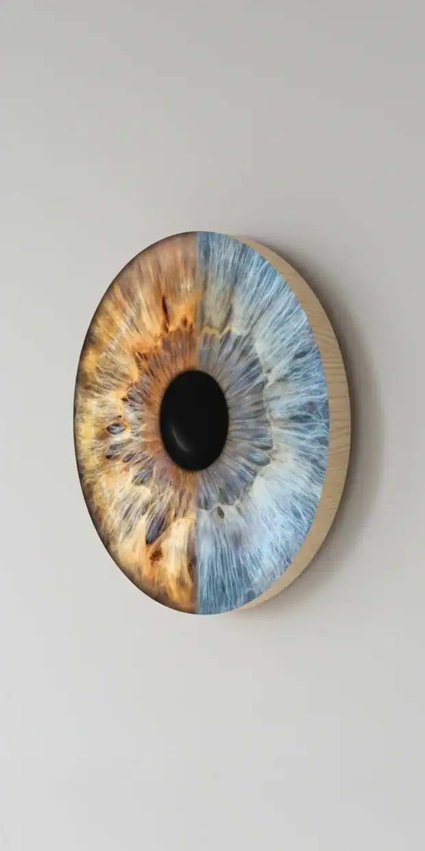 Tableau circulaire en bois Duo d'Iris, fusion artistique de deux regards en macrophotographie, décoration murale haut de gamme par Studio Timeless à Limoges.