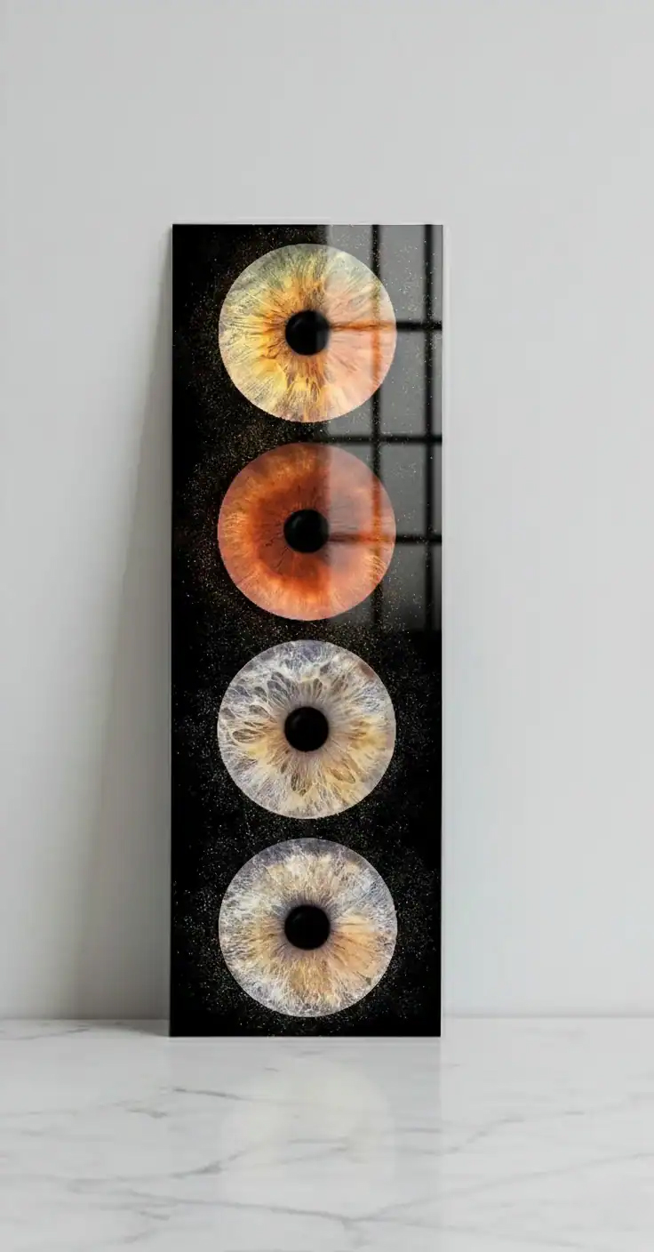 Tableau d'art vertical regroupant quatre portraits d'iris familiaux, macrophotographie artistique et décoration murale prestige par Studio Timeless à Limoges.