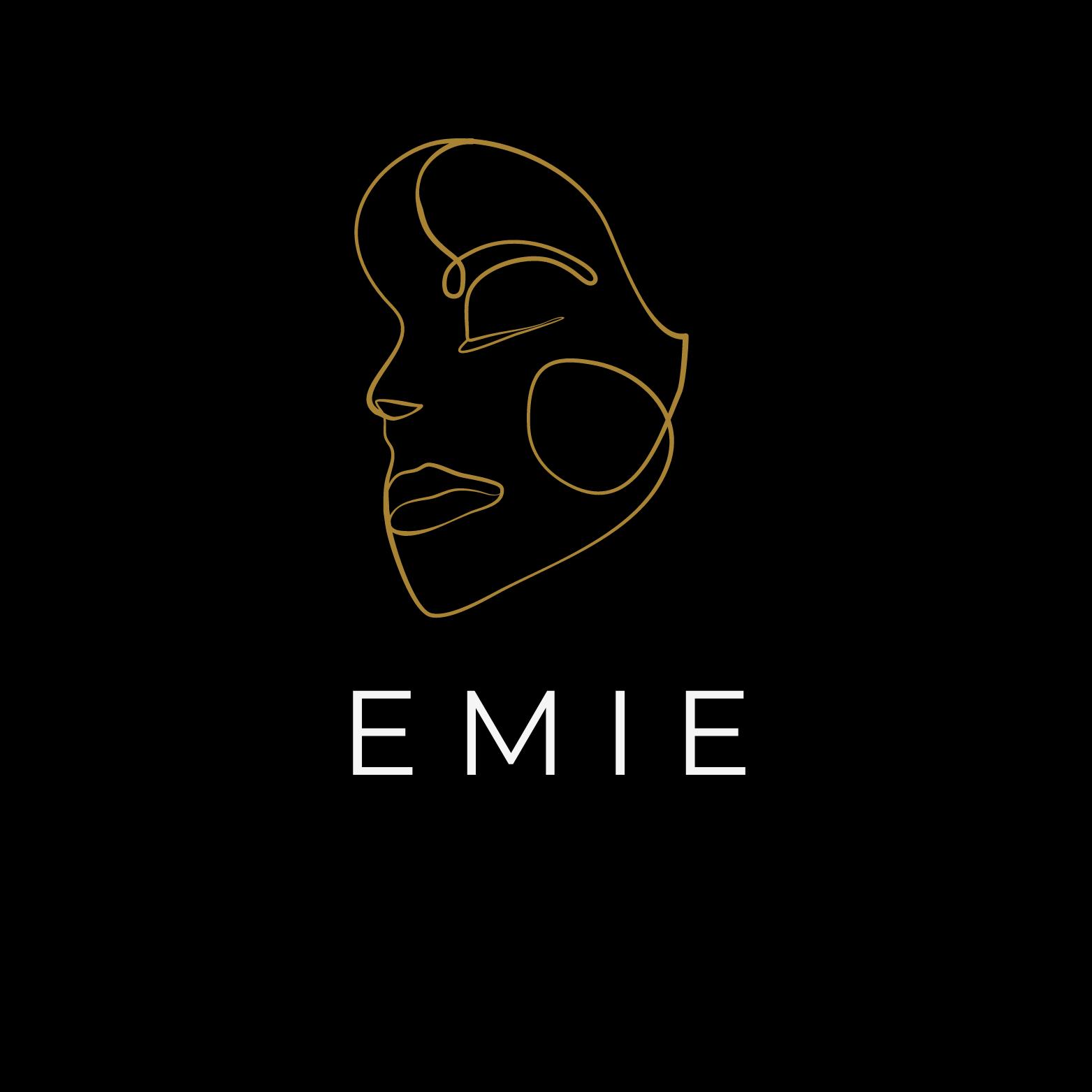 Logo EMIE représentant un visage féminin stylisé en traits dorés sur fond noir, marque associée aux séances photo bien-être de Studio Timeless à Limoges depuis 2018