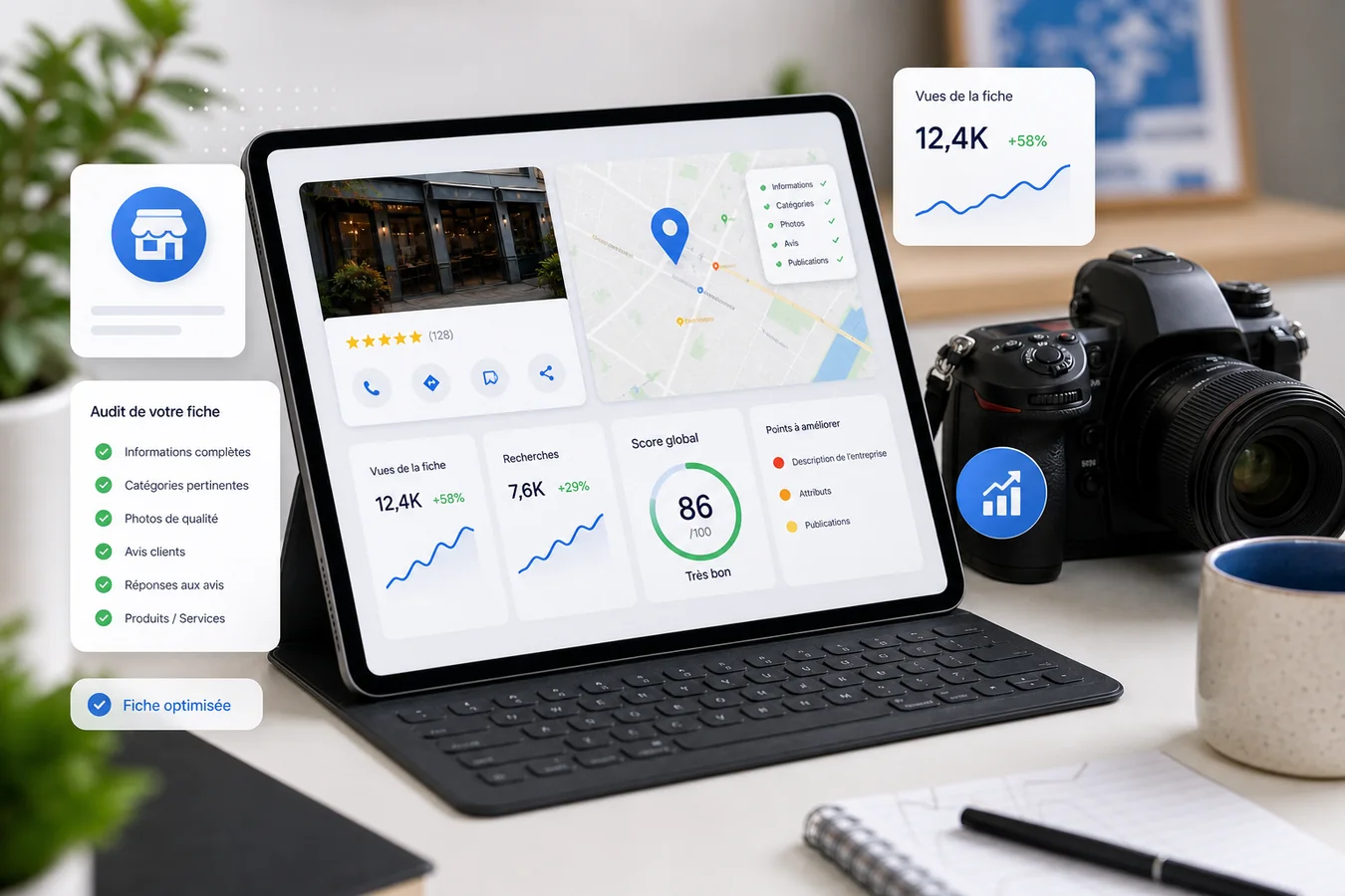 Audit de départ Google Business Profile à Limoges, rendu photo Nikon Z8 35mm f4 ISO 400 avec iPad Pro M5