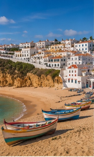 Village de Carvoeiro en Algarve, maisons blanches, plage et bateaux colorés pour un reportage mariage.