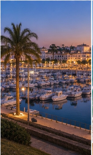 Marina de Vilamoura au crépuscule, palmiers, bateaux et lumières pour un mariage élégant en Algarve.