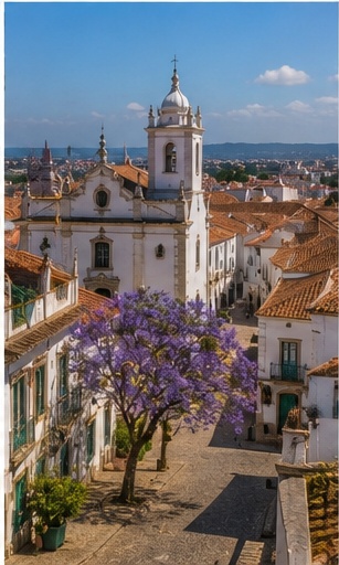 Centre historique de Tavira avec église, toits de tuiles et jacaranda violet pour un mariage en Algarve.