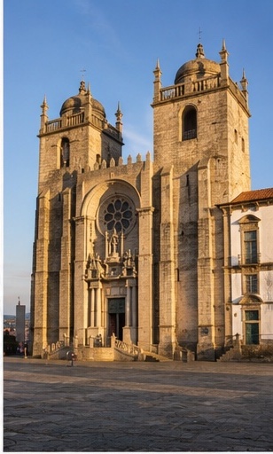 Cathédrale Sé de Porto, architecture historique et lumière de fin de journée pour une cérémonie ou séance couple.