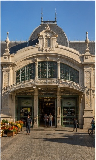 Façade du Mercado do Bolhao à Porto, lieu vivant et architectural pour des images de couple en centre-ville.