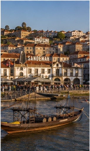 Vue de Vila Nova de Gaia, caves de porto et rabelo sur le Douro pour un mariage à Porto.