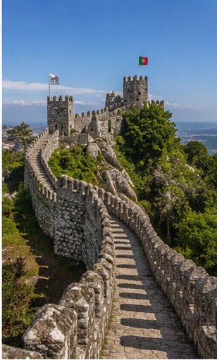 Remparts du château des Maures à Sintra, panorama atlantique pour un reportage mariage au Portugal.