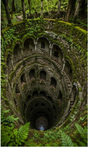Puits initiatique de la Quinta da Regaleira à Sintra, lieu mystérieux pour une narration de mariage éditoriale.