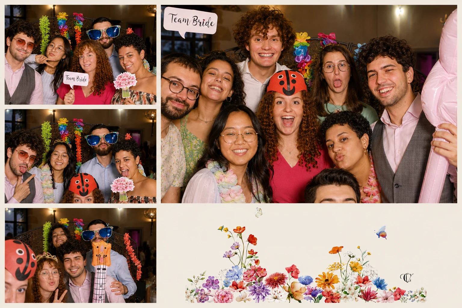 Groupe d'invités avec accessoires sur une planche photobooth de mariage à Limoges