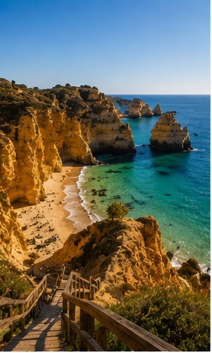 Praia da Marinha en Algarve, falaises dorées et eau turquoise pour un reportage de mariage au Portugal.