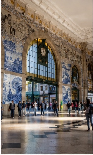 Hall de la gare São Bento à Porto avec azulejos, lieu patrimonial pour une narration de mariage au Portugal.