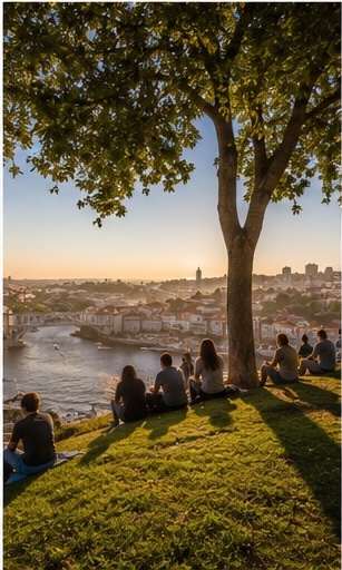 Belvédère sur Porto au coucher du soleil, lumière idéale pour une séance couple après la cérémonie.