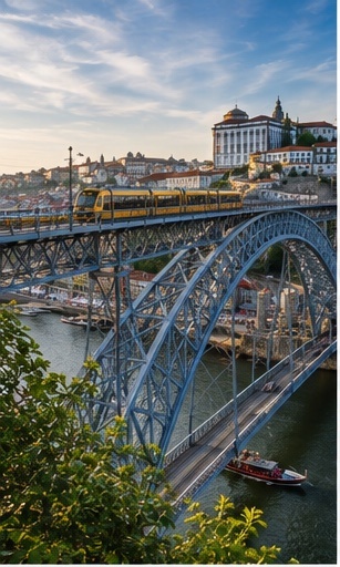 Vue du pont Dom Luis I et du Douro, repère emblématique pour un reportage de mariage à Porto.