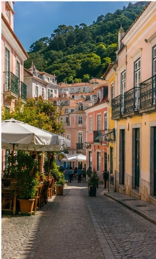 Rue du centre historique de Sintra, façades colorées et montagne pour une séance couple urbaine.