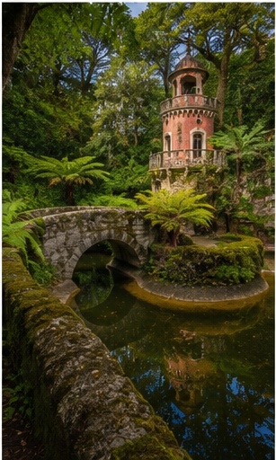Parc romantique de Sintra avec pont de pierre et tour, décor intime pour des photos de couple.