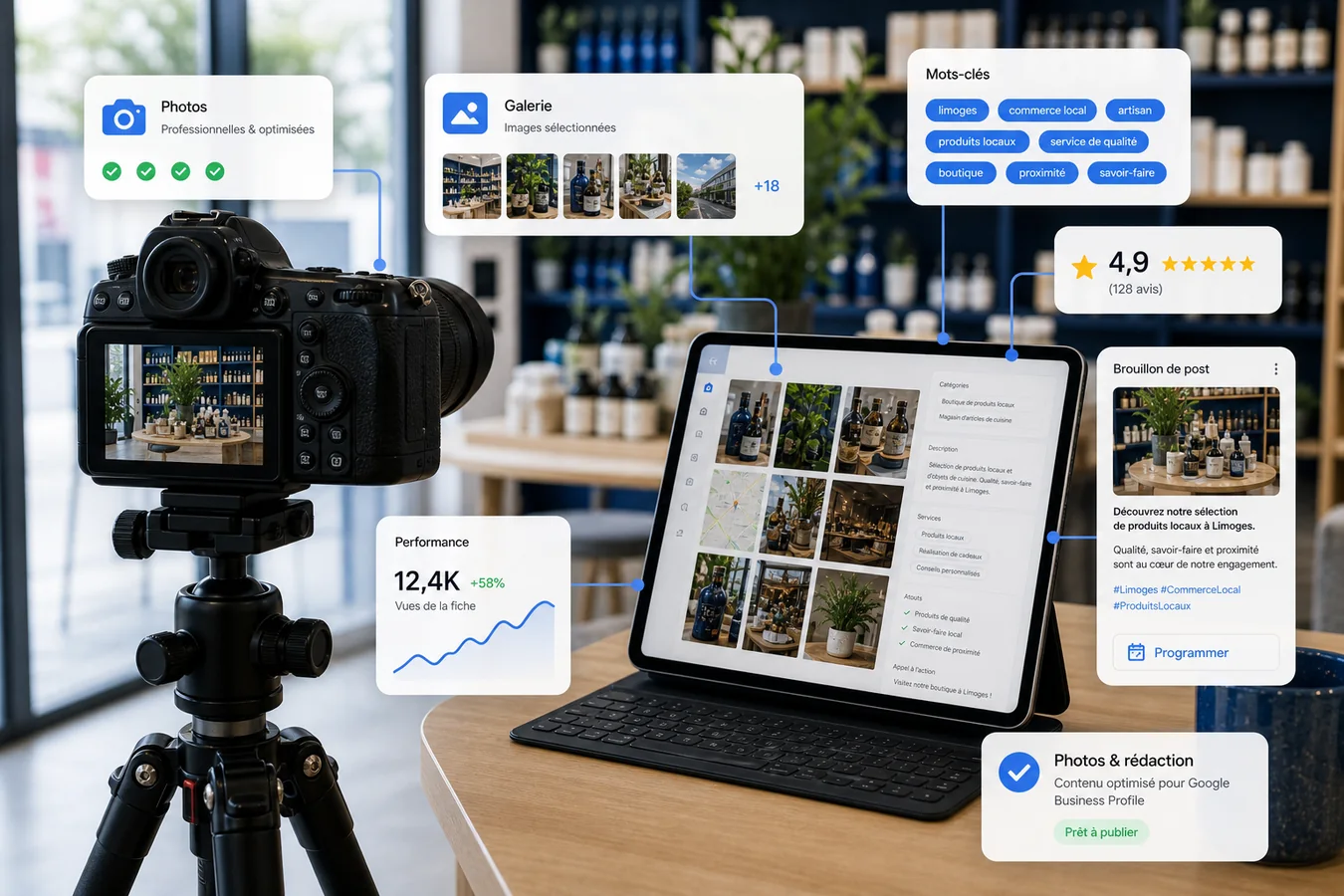 Photos et rédaction Google Business Profile à Limoges, rendu photo Nikon Z8 35mm f4 ISO 400 avec iPad Pro M5