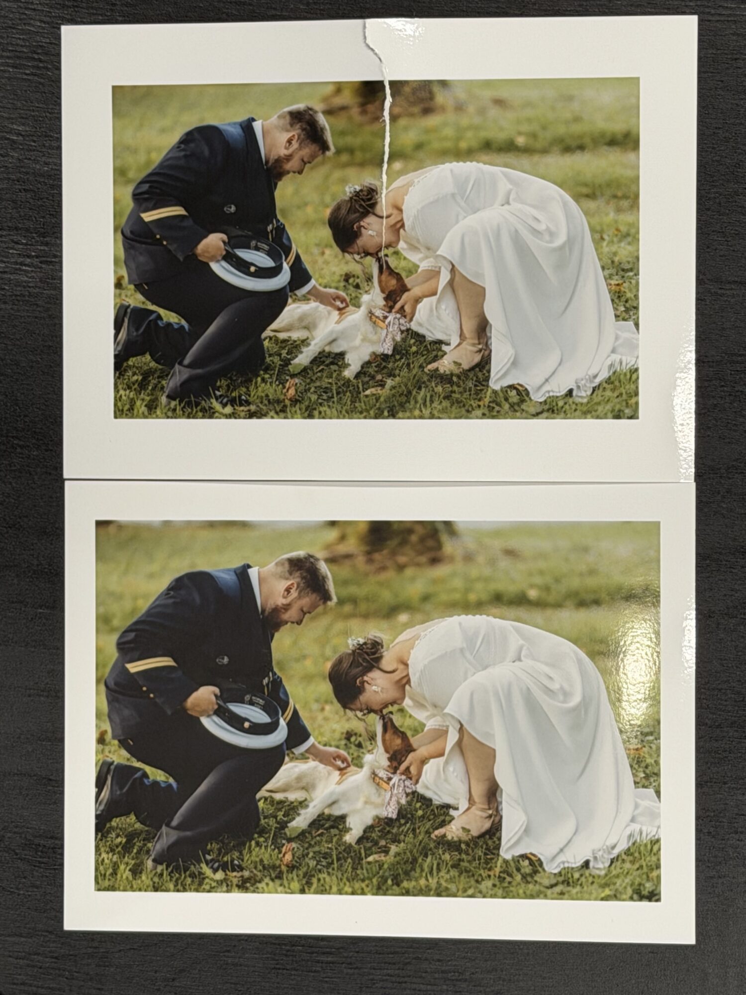 Avant restauration : photographie de mariage déchirée au centre