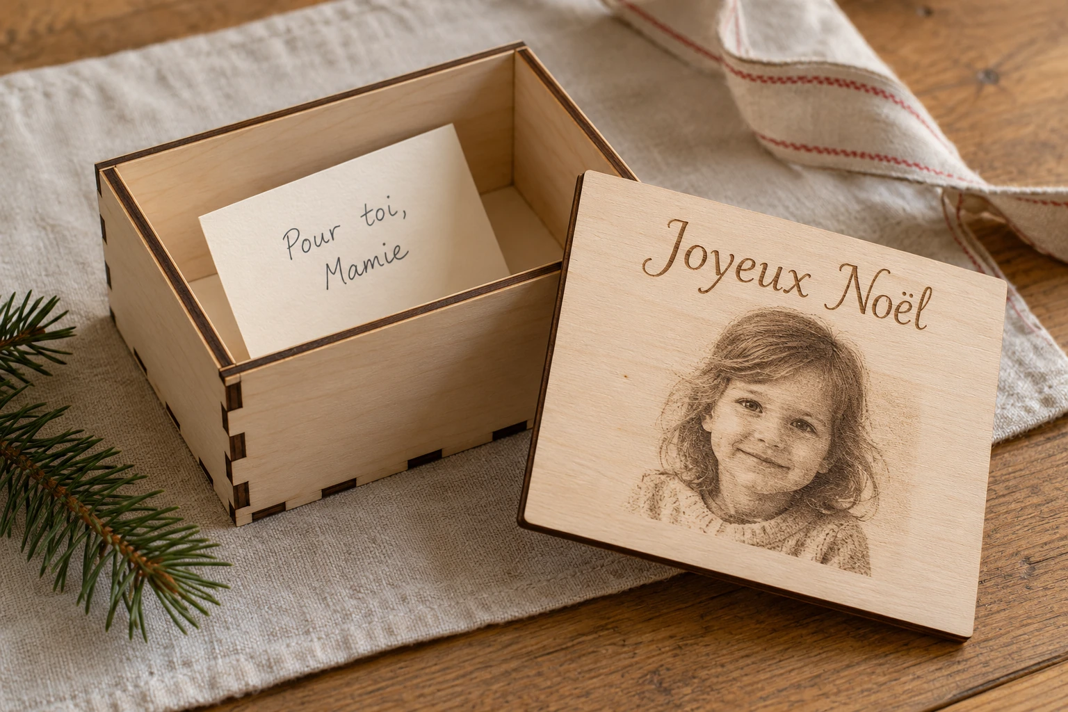 Illustration de boîte en bois Joyeux Noël avec portrait et petit mot