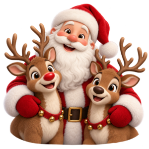 Père Noël accompagné de deux rennes — illustration 3D