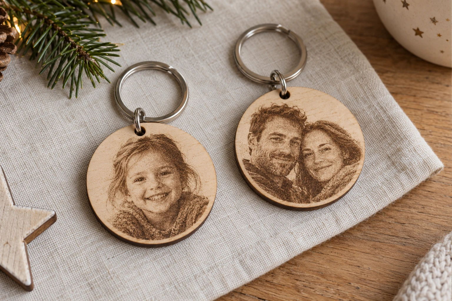 Illustration de porte clés en bois gravés avec des portraits