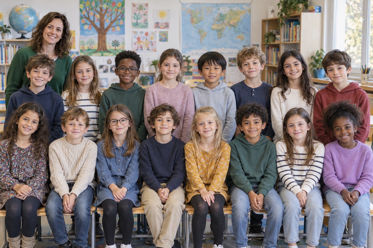 Simulation IA d’une plaquette photo de classe, aucun élève réel représenté