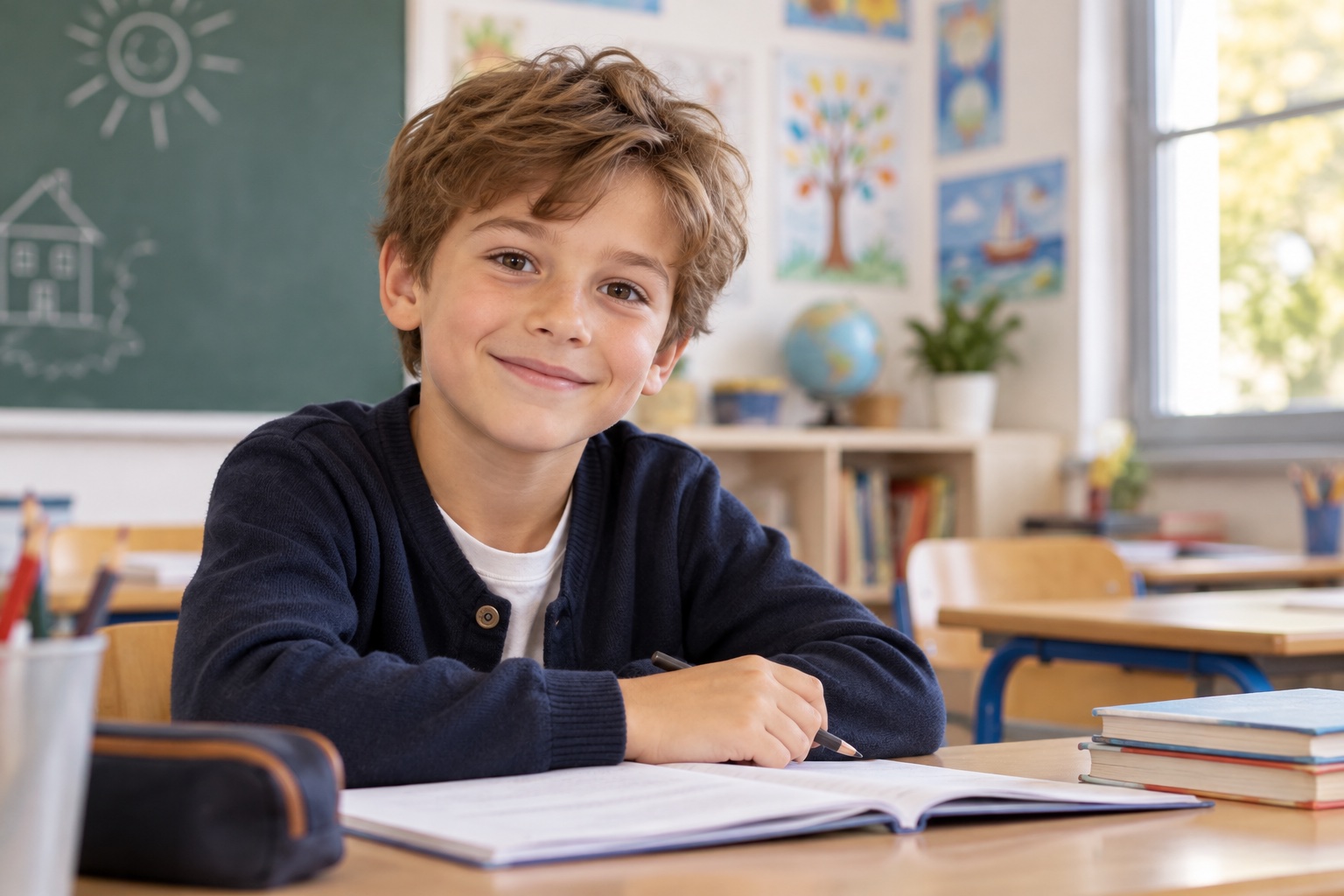 Simulation IA d’une plaquette de portrait scolaire avec un enfant fictif