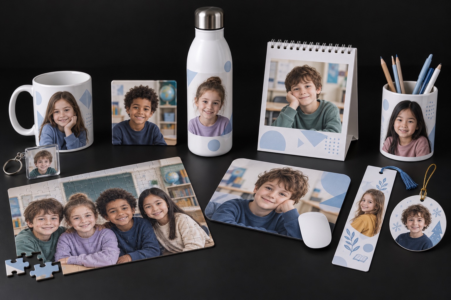 Simulation générée par IA de produits photo scolaires : mug, magnet, porte-clés, bouteille, calendrier, puzzle, tapis de souris, marque-page, pot à crayons et décoration de Noël