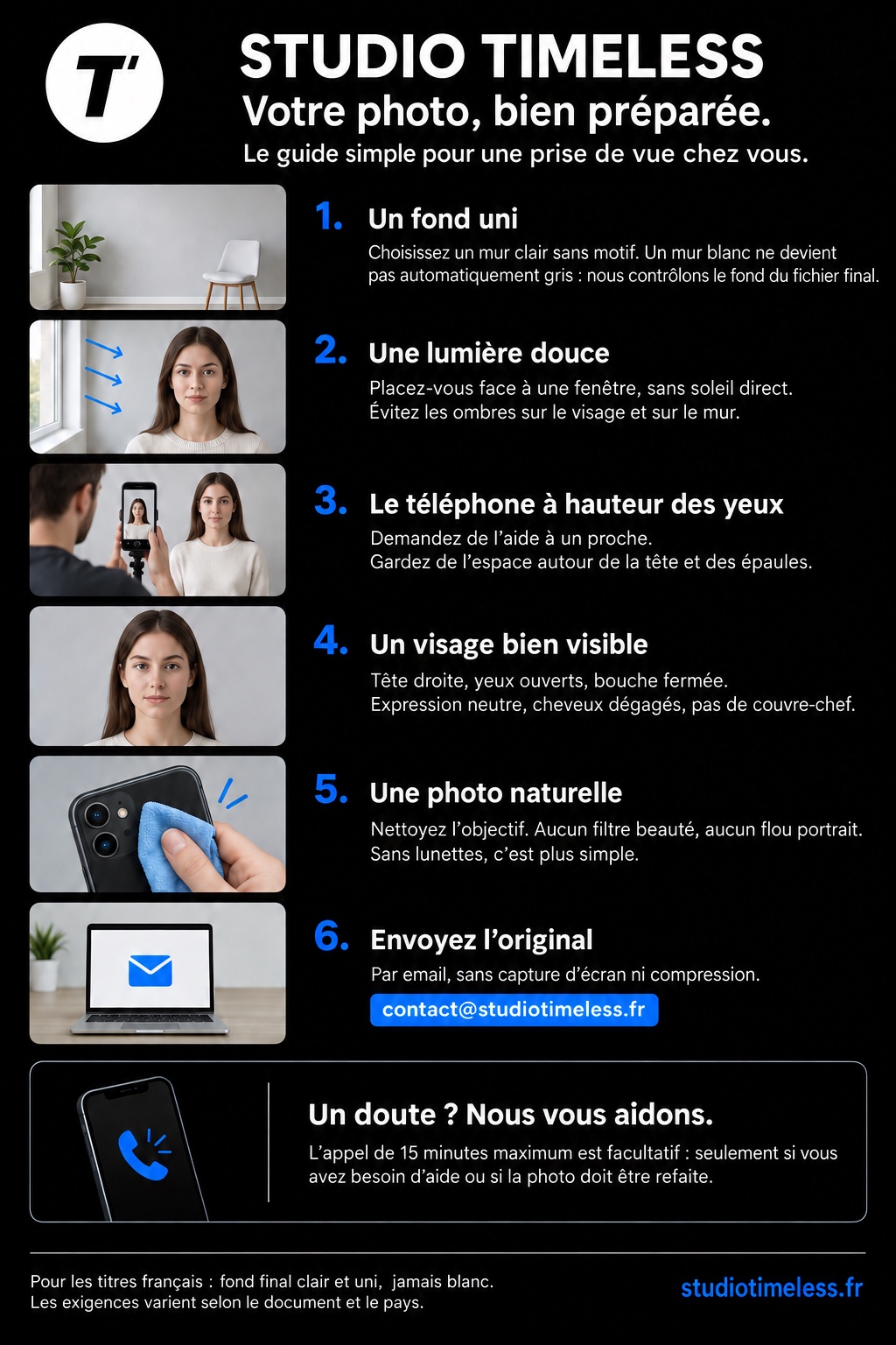 Fiche Studio Timeless : six conseils illustrés pour préparer une photo à distance, avec aide téléphonique facultative