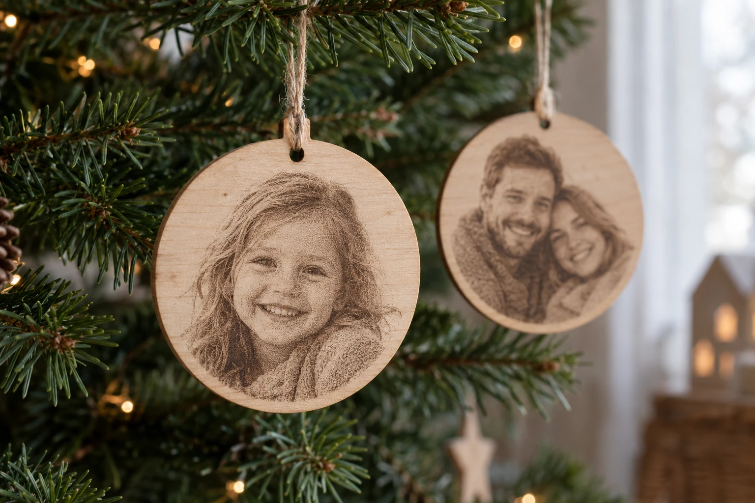 Illustration de suspensions rondes en bois avec portraits gravés au laser
